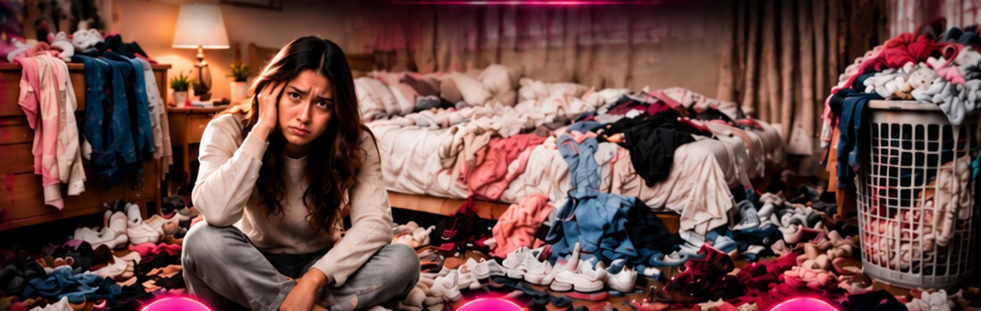 Habitación desordenada con ropa y zapatos por el suelo